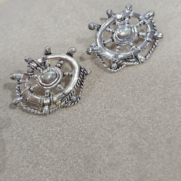 Vintage "MJ" Marie Jennifer Nautical Ship Wheel Rope Brooch Pendant Earrings - Picture 3 of 12